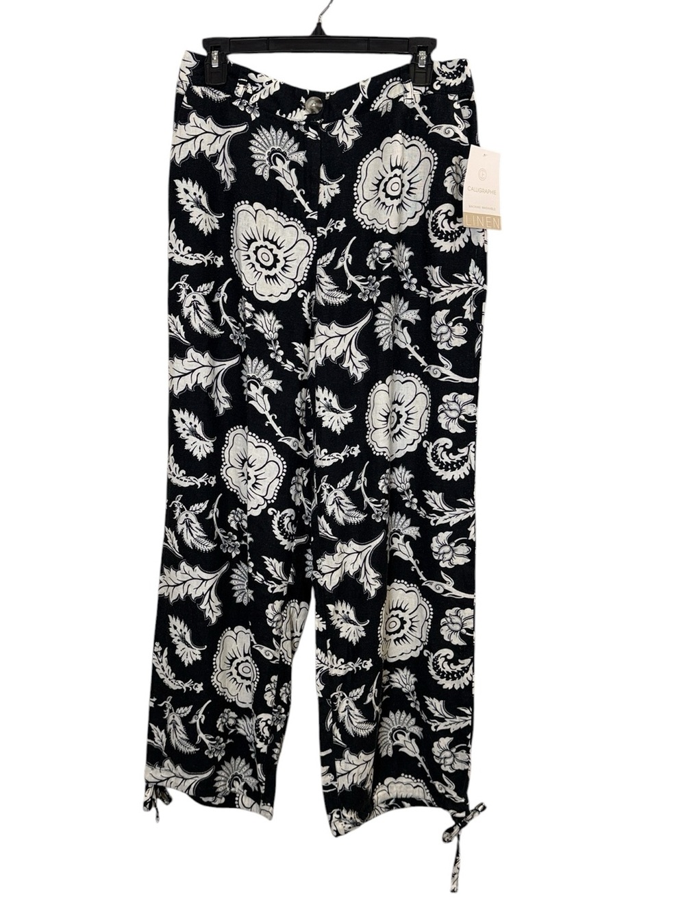 Calligraphe Women’s Bold Floral Linen Blend Lagenlook Style Boho Pants sz 10